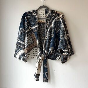 Shein Boho Paisley Print Tie Front Kimono Top XL Bell Sleeve Festival Blouse